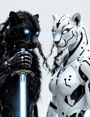 The primary subject of the image is a white and black cat, which is standing next to a black cat. The setting is a white background, and the visual style appears to be a digital art or illustration. The dominant colors are white and black, creating a contrasting and striking appearance. The overall atmosphere of the image is intriguing and captivating, as the two cats seem to be staring at each other.